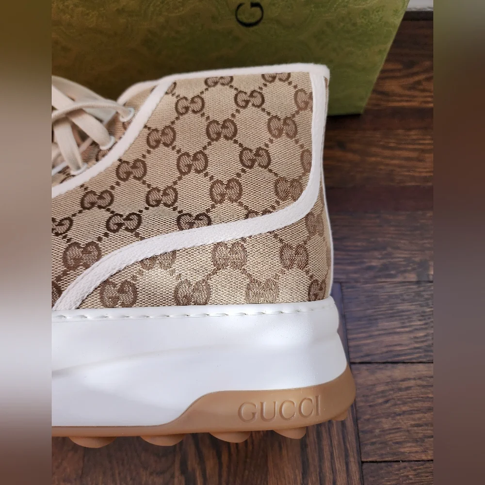 $1150 Brand New Gucci Men High Top GG Canvas Platform Sneakers G 12 US 13 Beige